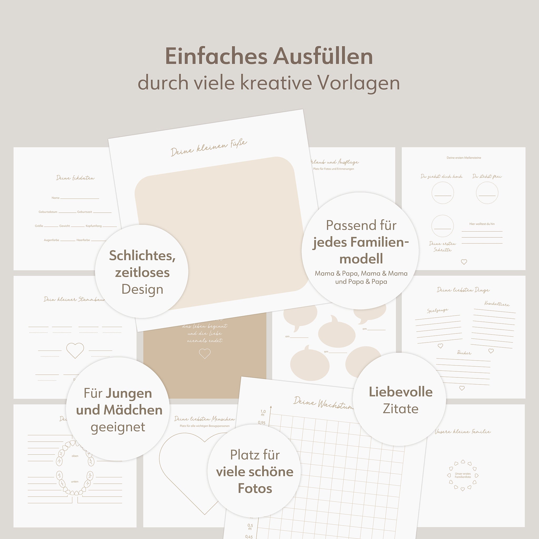 Collage: Inhaltsseiten des Babybuches "Dein kleines Leben"