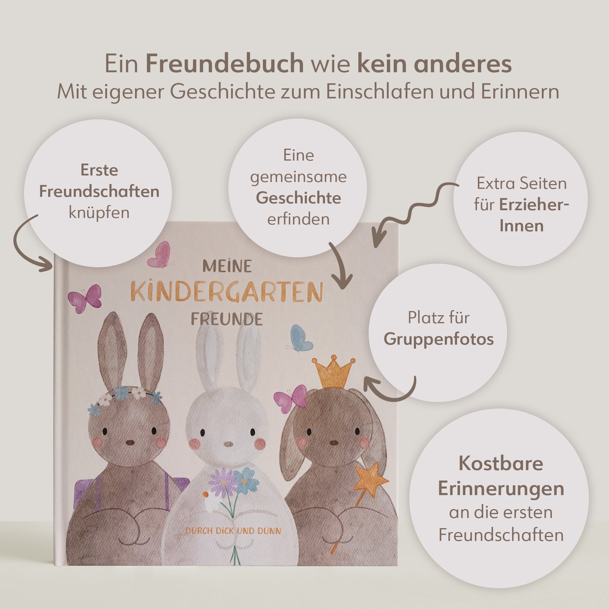 Freundebuch für Kindergartenkinder mit drei Hasen in Aquarelloptik gezeichnet. Das Buch trägt den Titel Meine Kindergarten Freunde und hat ein quadratisches Format