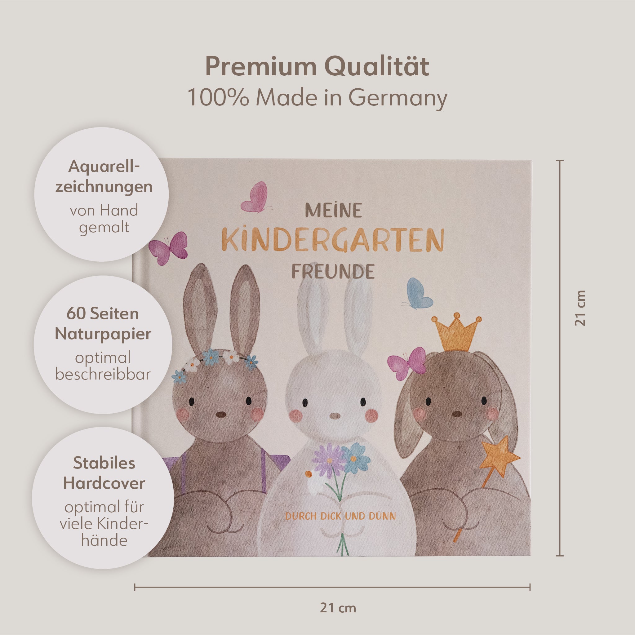 Freundebuch für Kindergartenkinder mit drei Hasen in Aquarelloptik gezeichnet. Das Buch trägt den Titel Meine Kindergarten Freunde und hat ein quadratisches Format