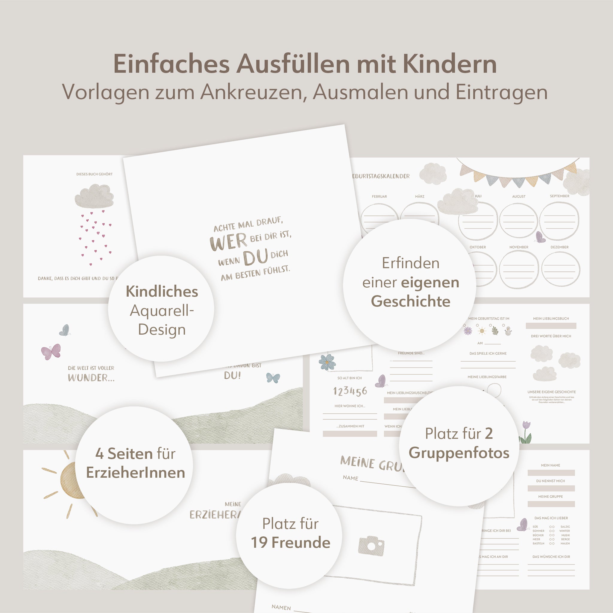 Collage der Inhaltsseiten des Freundebuches für Kindergartenkinder mit drei Hasen in Aquarelloptik gezeichnet. Das Buch trägt den Titel Meine Kindergarten Freunde und hat ein quadratisches Format