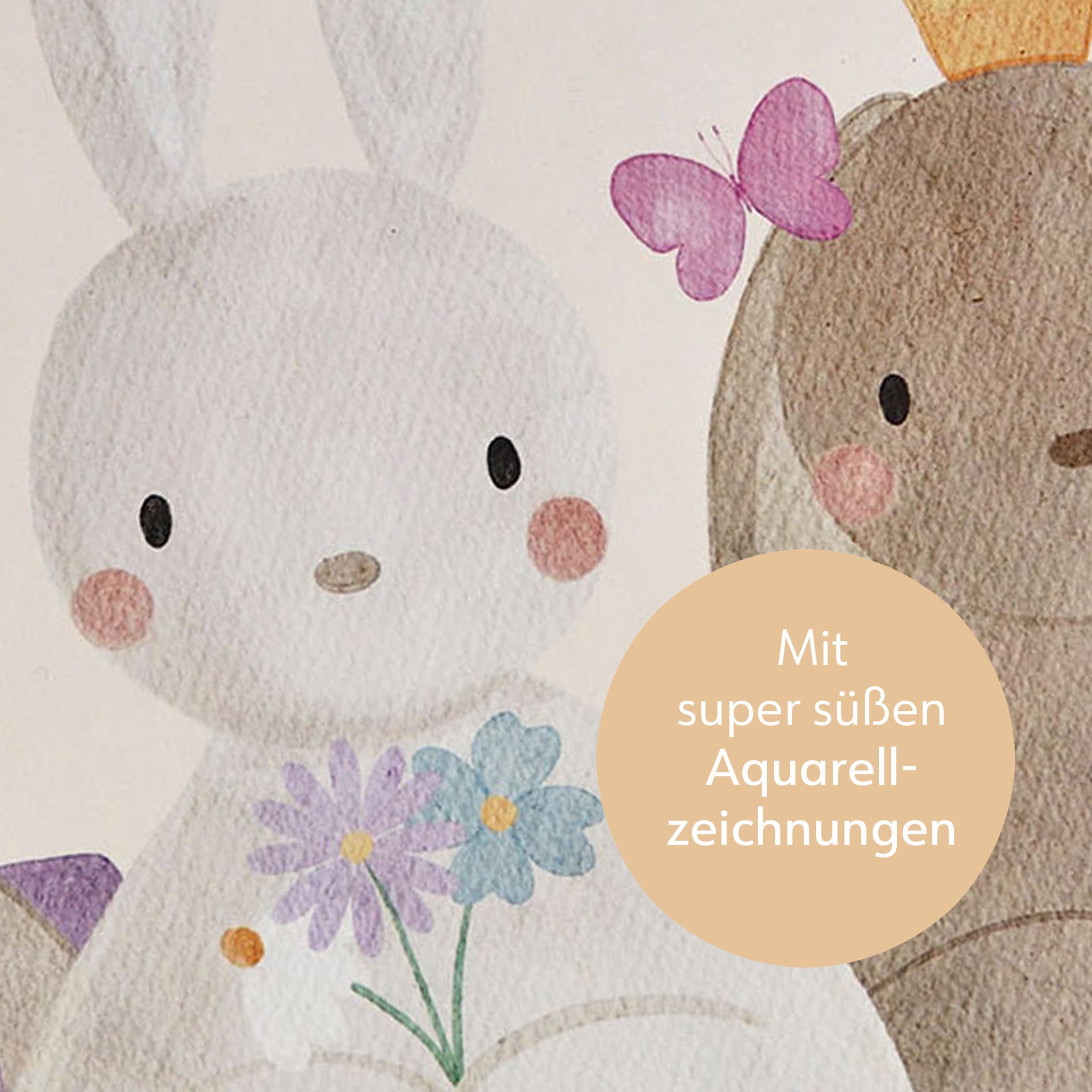 Detailbild vom Freundebuch für Kindergartenkinder mit drei Hasen in Aquarelloptik gezeichnet. Das Buch trägt den Titel Meine Kindergarten Freunde und hat ein quadratisches Format und ich schlicht und kindgerecht gestaltet